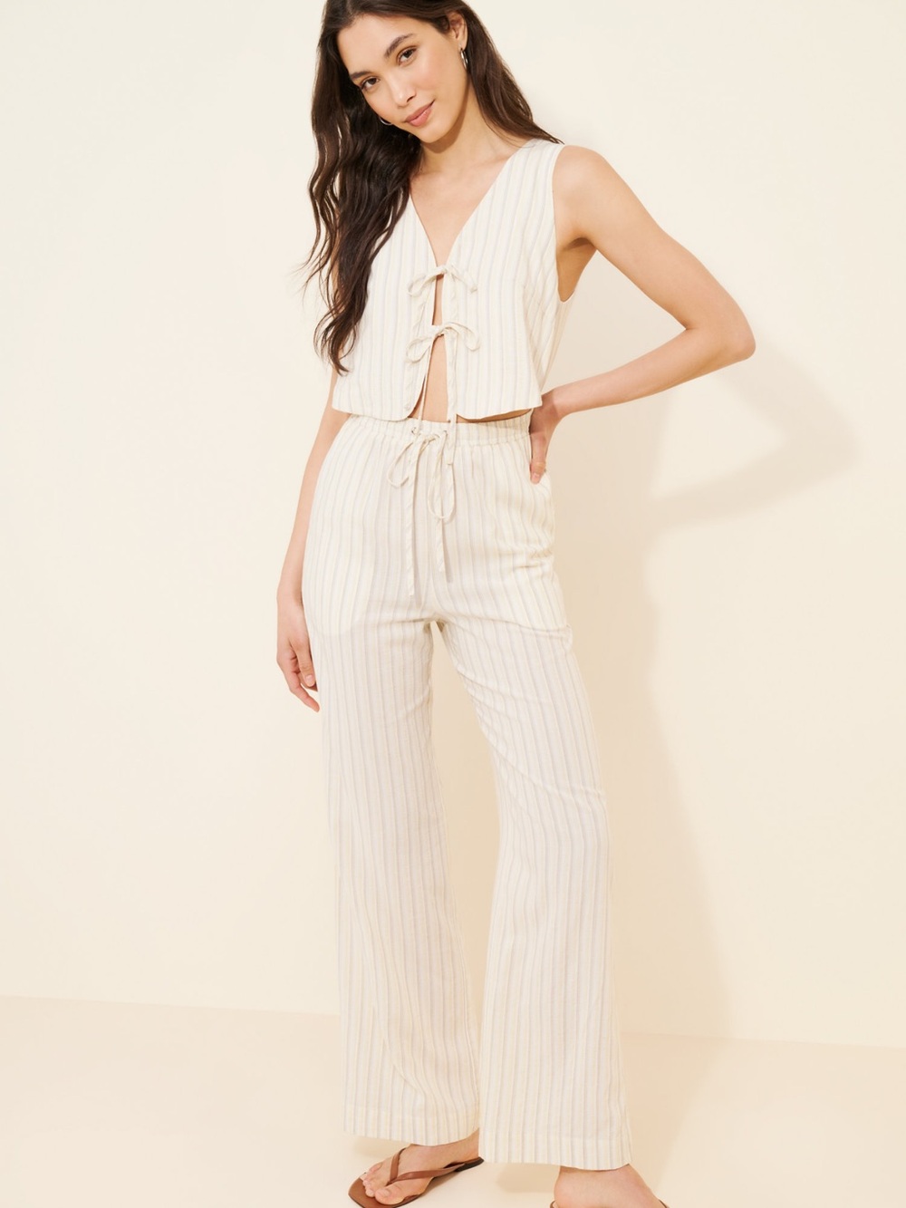 Another Girl Beige Stripe Tie Front Jumpsuit Cotton Wide Leg Chic Resort